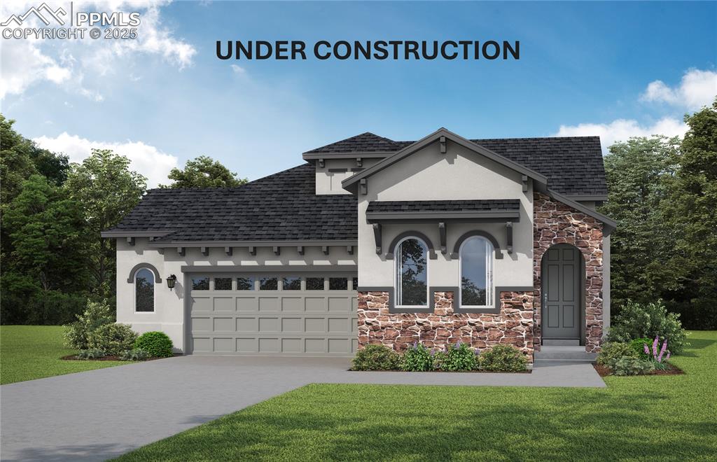 Caption: View of front of house featuring stucco siding, a shingled roof, a garage, and a front yard