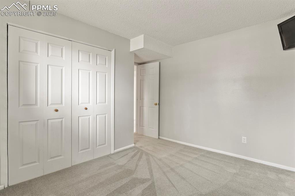 Image 26 of 39: Lower level bedroom with carpet floors, a closet, and a textured ceiling