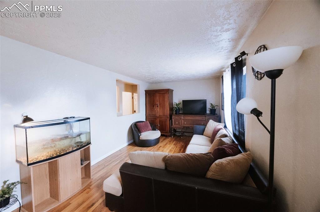 Image 3 of 21: Living room featuring light wood-style flooring and a textured ceiling