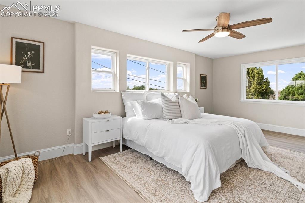 Image 26 of 50: Bedroom featuring multiple windows and light wood-style floors