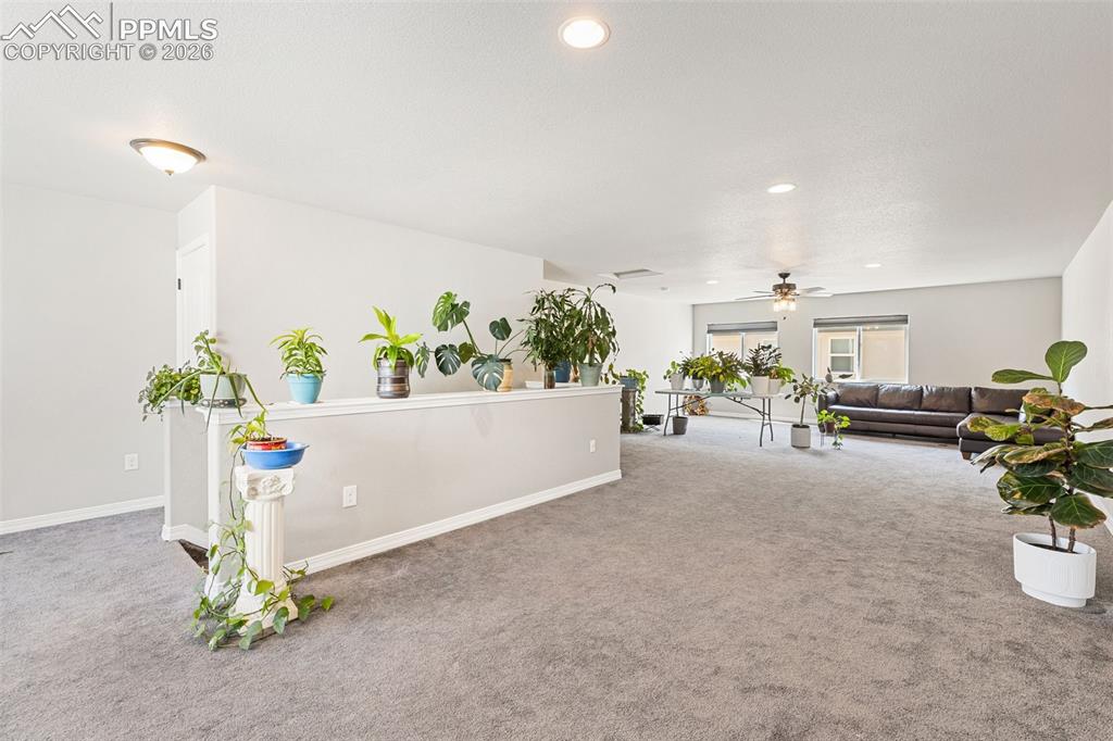 Image 21 of 44: Spacious room with light gray carpeting and neutral wall paint