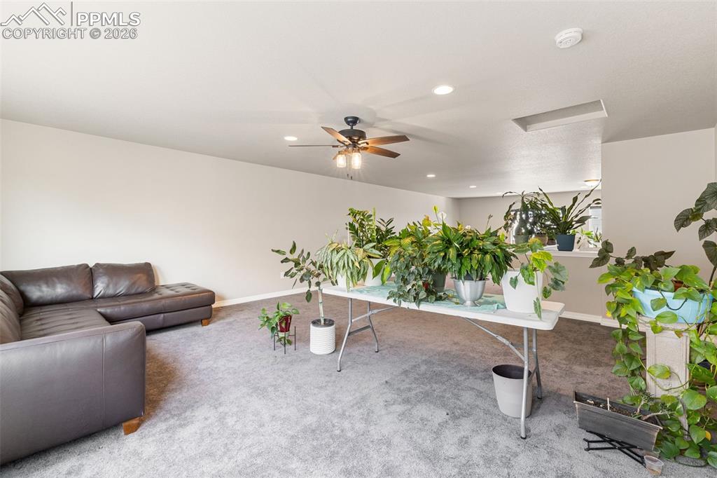 Image 23 of 44: Spacious room featuring light gray wall paint and gray carpeting