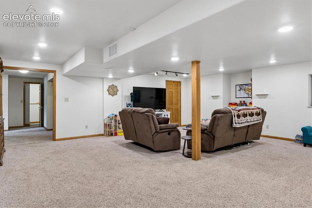 Image 22 of 30: Living room in basement with extra storage closet