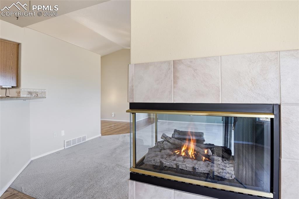 Image 22 of 50: Detailed view of carpet floors, a multi sided fireplace, and an outdoor fir