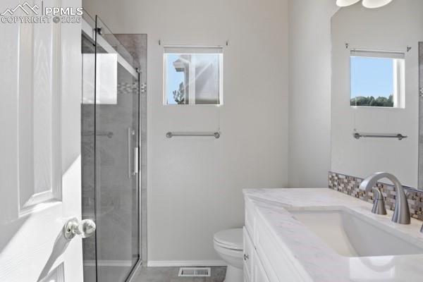 Image 39 of 50: Full bath featuring vanity, a shower stall, and plenty of natural light