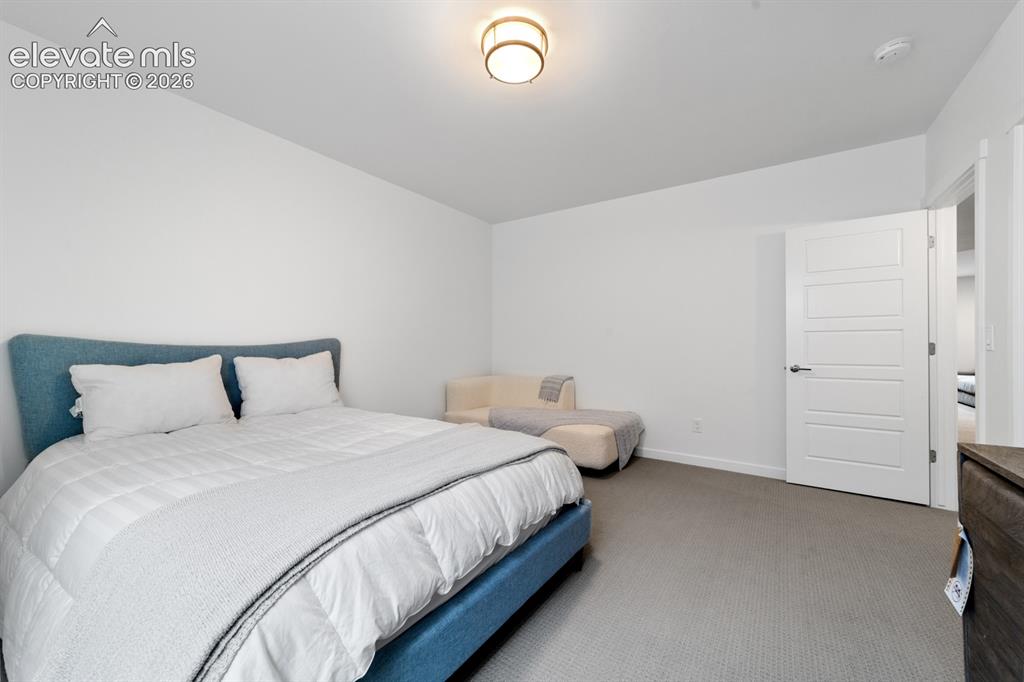 Image 34 of 38: Neutral-toned carpet flooring in a room featuring a five-panel interior doo