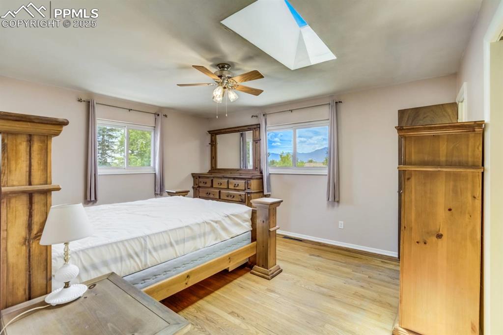 Image 13 of 37: Bedroom featuring a skylight, light wood-style floors, and a ceiling fan