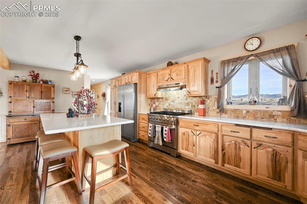 Image 26 of 50: Kitchen with under cabinet range hood, dark wood-style flooring, stainless
