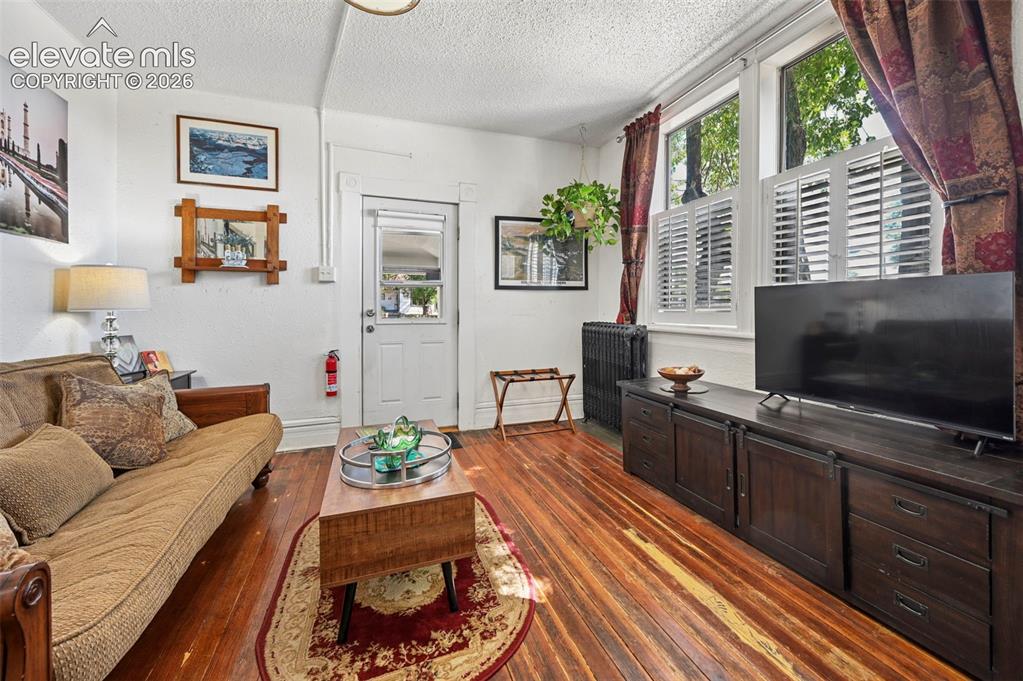 Image 39 of 50: Apartment Living Room with original hardwood floors