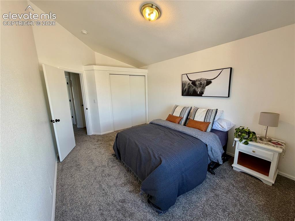 Image 20 of 50: Vaulted ceiling bedroom featuring plush gray carpeting, white walls, and a