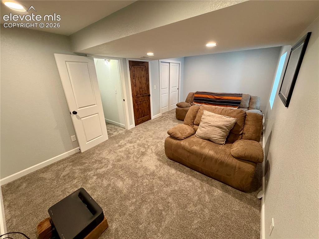 Image 39 of 50: Basement carpeted room (bedroom or media room) featuring light gray walls,