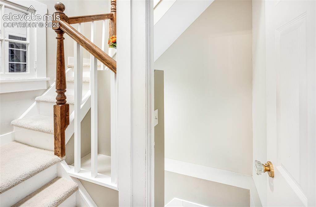 Image 36 of 43: Carpeted staircase with a wood handrail and white balusters