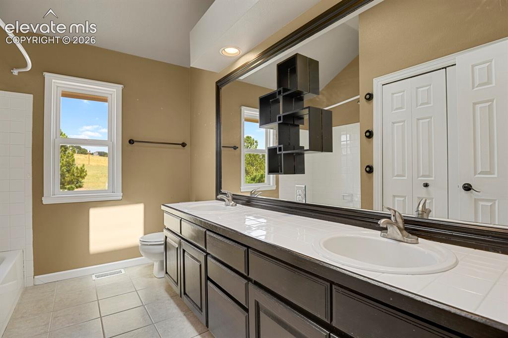 Image 17 of 35: Large linen closet and dual sinks