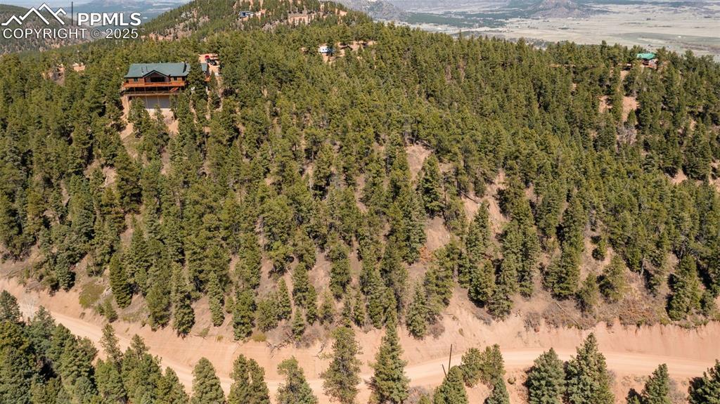 Image 13 of 15: Aerial view of a mountain backdrop and a forest