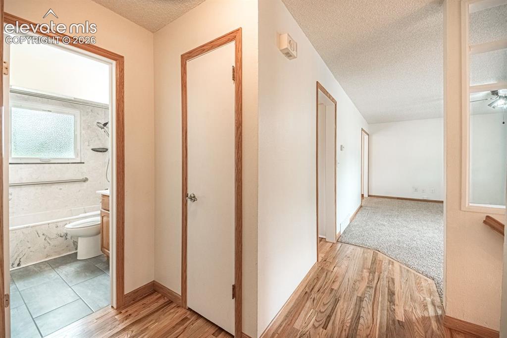 Image 13 of 34: Entry hallway featuring hardwood flooring transitioning to carpet