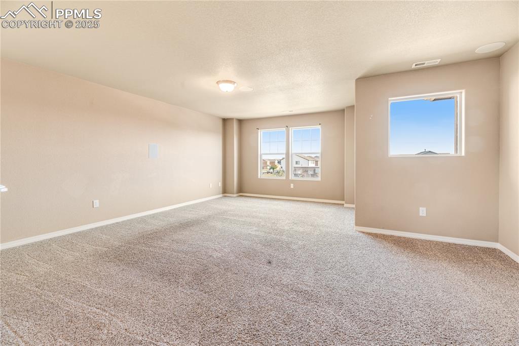 Image 26 of 43: Spare room with carpet floors, plenty of natural light, and a textured ceil