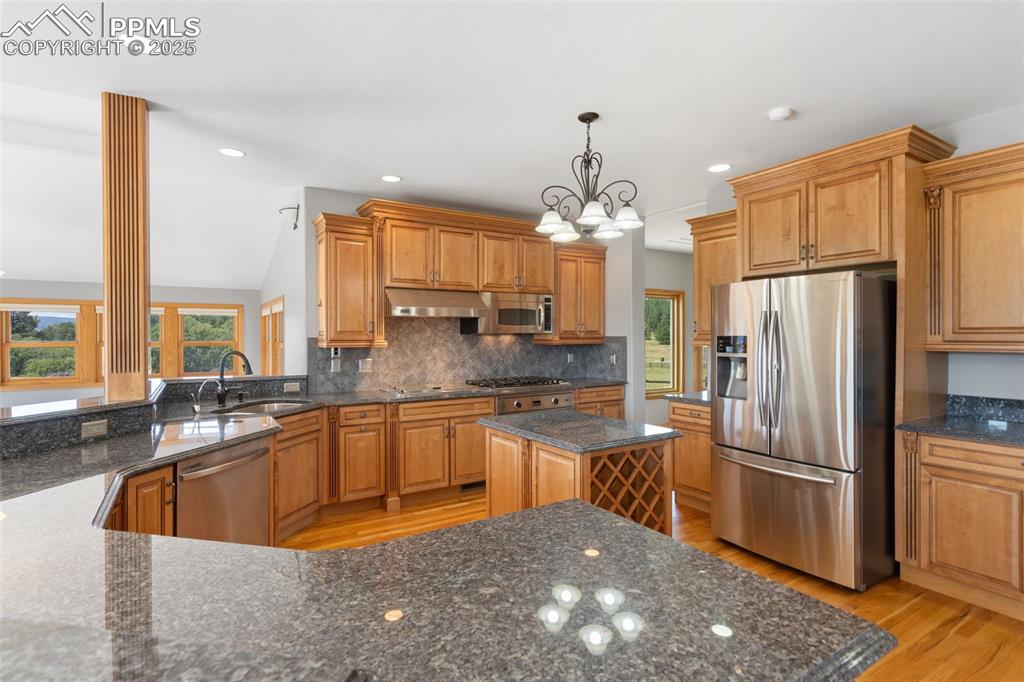 Image 12 of 50: Kitchen with stainless steel appliances, light wood-type flooring, decorati