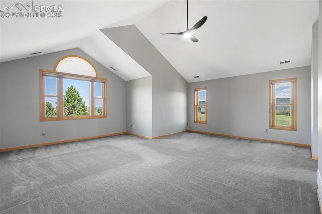 Image 22 of 50: Spare room with plenty of natural light, ceiling fan, vaulted ceiling, and 