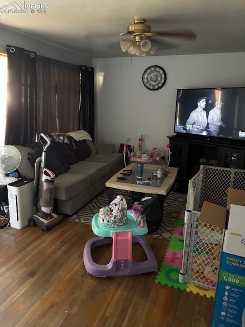 Image 3 of 18: Living room featuring wood finished floors and ceiling fan