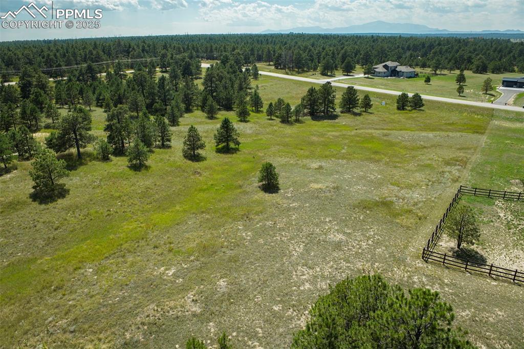Image 12 of 19: Overview of rural landscape with a heavily wooded area and a mountain backd
