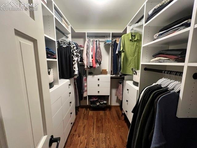 Image 22 of 49: Walk in closet with wood finished floors