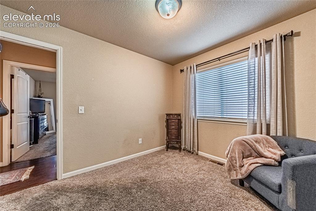 Image 18 of 36: Bedroom featuring a textured wall, carpet floors, and a textured ceiling