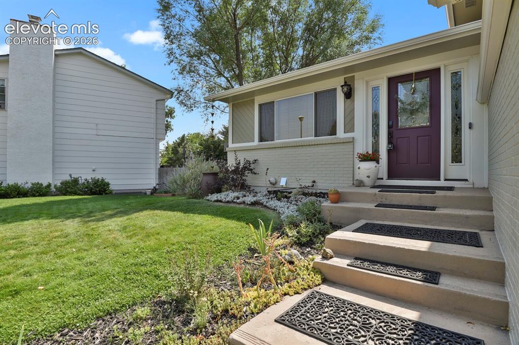 Image 4 of 38: Front entry featuring a solid paneled door with decorative glass sidelites,
