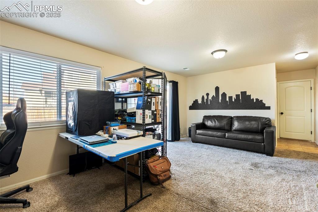 Image 38 of 46: Office in the family room featuring light colored carpet and a textured cei