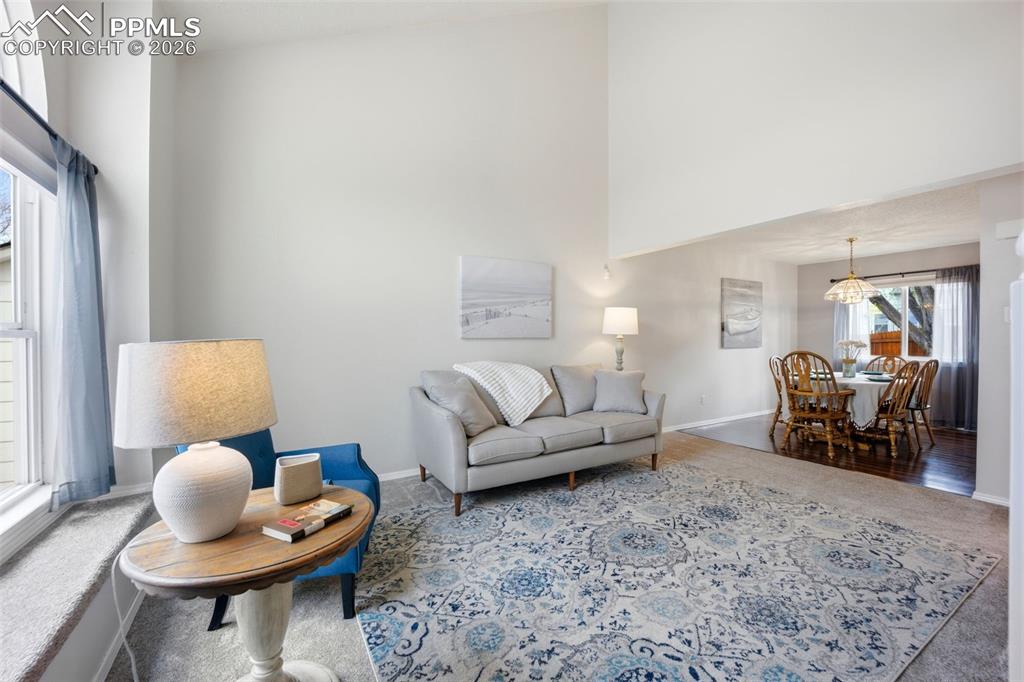 Image 4 of 46: Carpeted living room with a high ceiling and baseboards