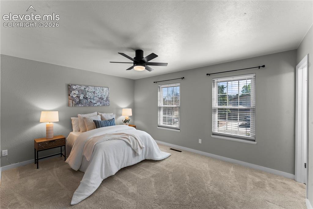 Image 18 of 50: Serene primary retreat featuring plush neutral carpeting, a modern matte bl