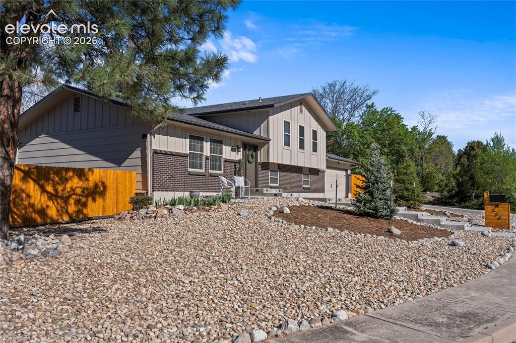 Image 42 of 50: ZeroScaped yard with beautiful designer spruce trees