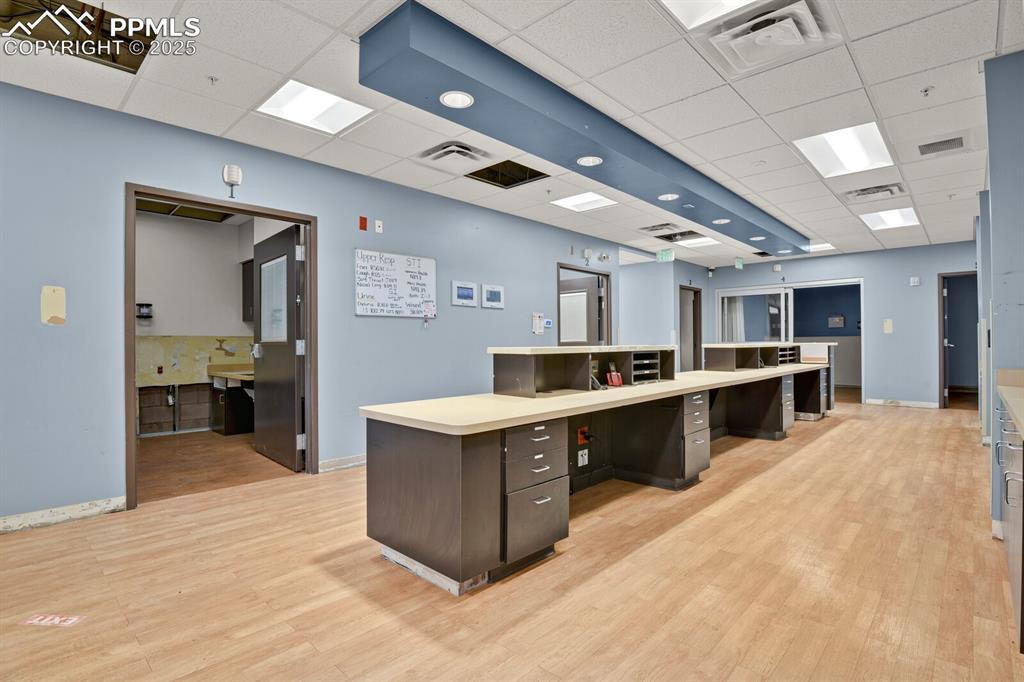 Image 20 of 50: Office featuring a paneled ceiling and light wood-type flooring