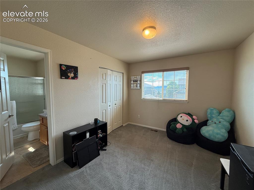 Image 11 of 16: Carpeted room with a window, ceiling-mounted light fixture, and bifold clos