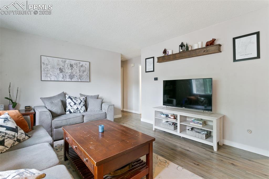 Image 9 of 28: Living room with a textured ceiling and light wood finished floors