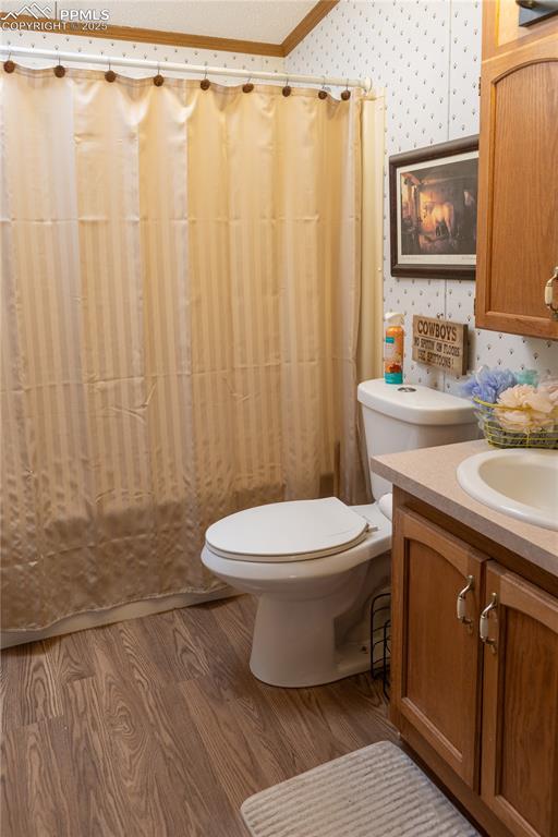 Image 18 of 50: Full bath with wood finished floors, wallpapered walls, vanity, and curtain