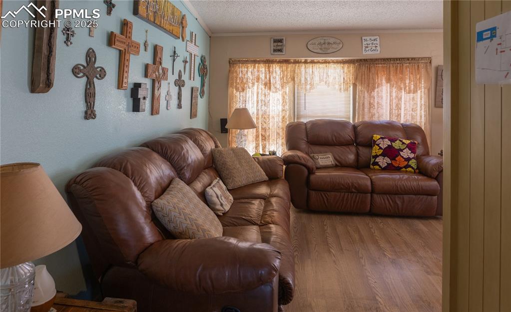 Image 25 of 50: Living area featuring wood finished floors, a textured ceiling, and crown m