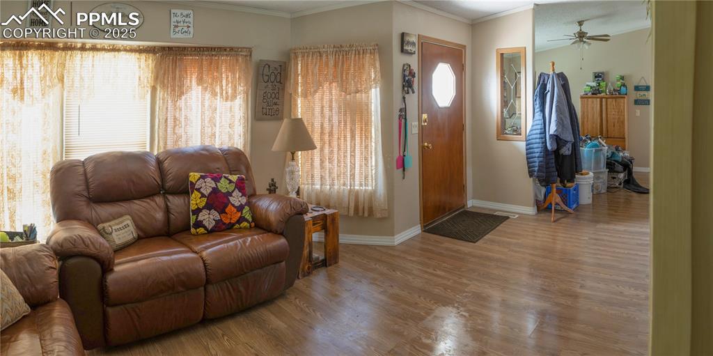 Image 26 of 50: Living room featuring crown molding, wood finished floors, and a ceiling fa