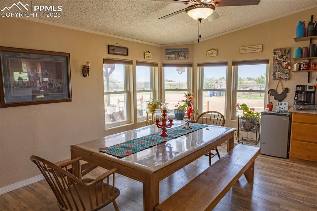 Image 29 of 50: Dining area with a textured ceiling, a ceiling fan, crown molding, light wo
