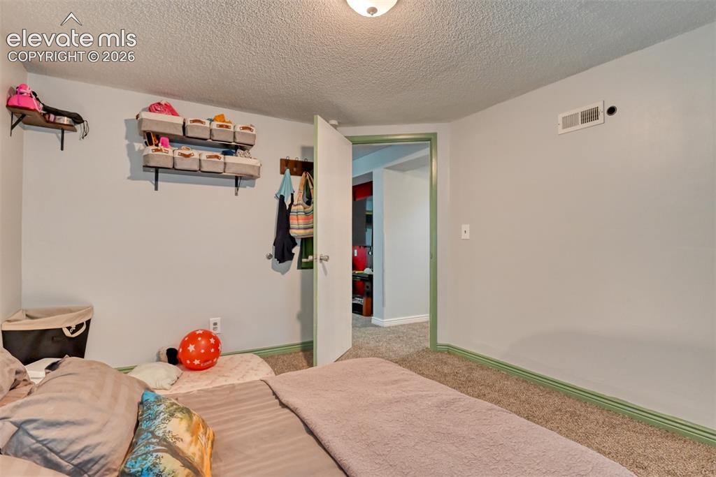 Image 23 of 40: Carpeted room with light gray walls and green trim