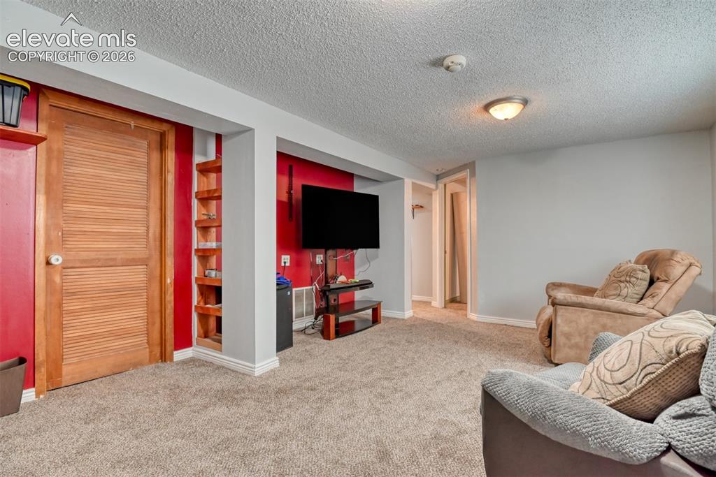 Image 31 of 40: Carpeted room featuring a built-in entertainment niche with a mounted telev