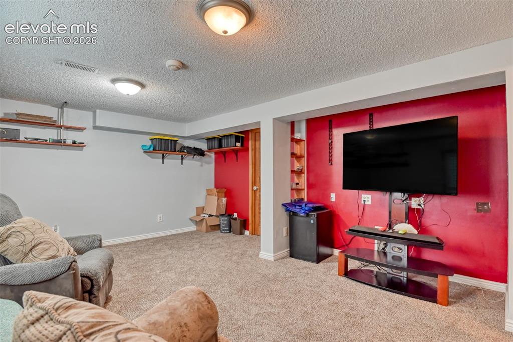 Image 32 of 40: Recreation area featuring textured carpeting, recessed wall shelving, and a
