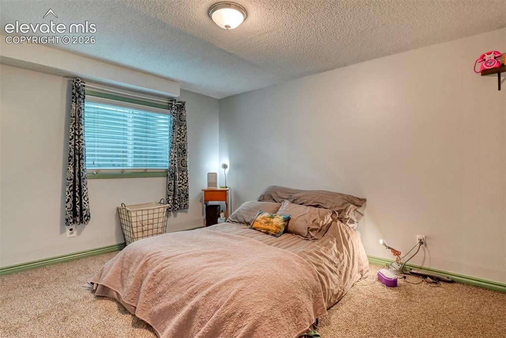 Image 36 of 40: Carpeted room featuring a window with blinds and drapes, a flush-mount ceil