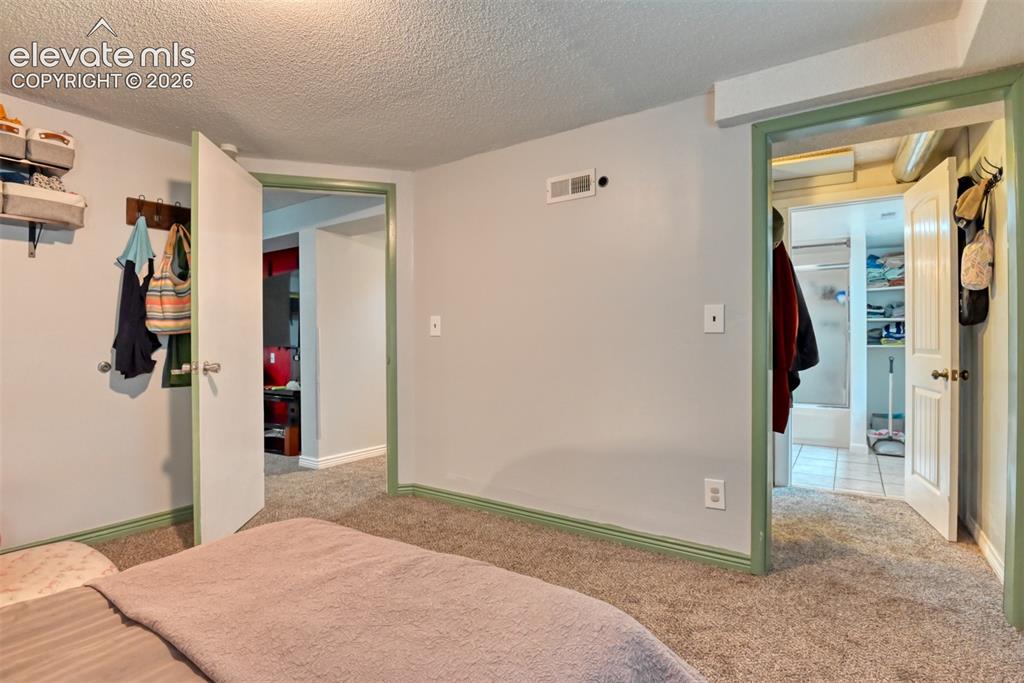 Image 37 of 40: Carpeted room featuring light gray walls, green trim, and multiple doorways