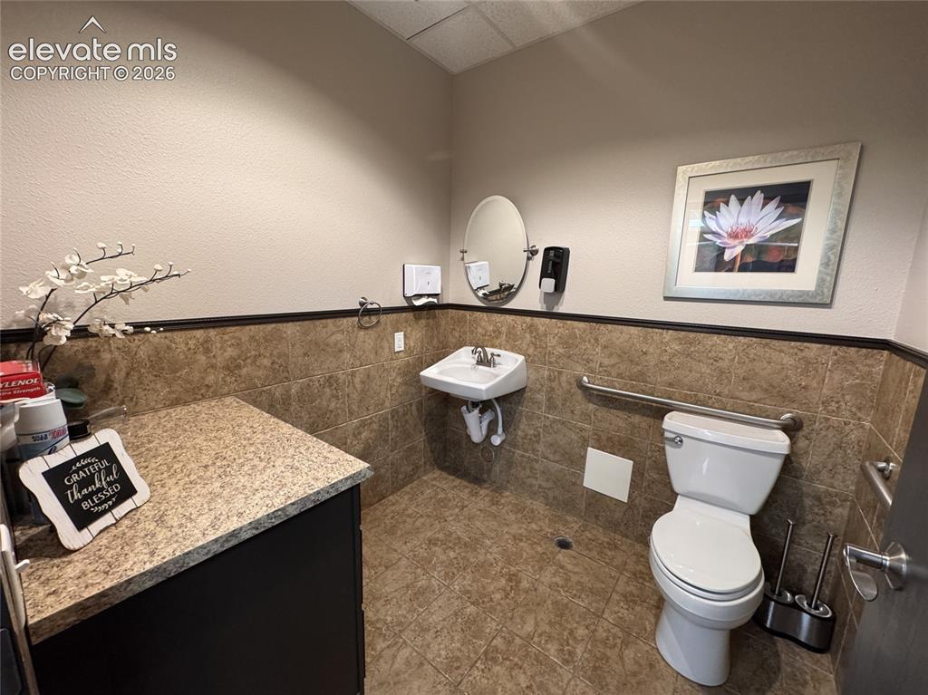Image 14 of 17: Wall-mounted sink, toilet with grab bar, built-in lower cabinetry with coun