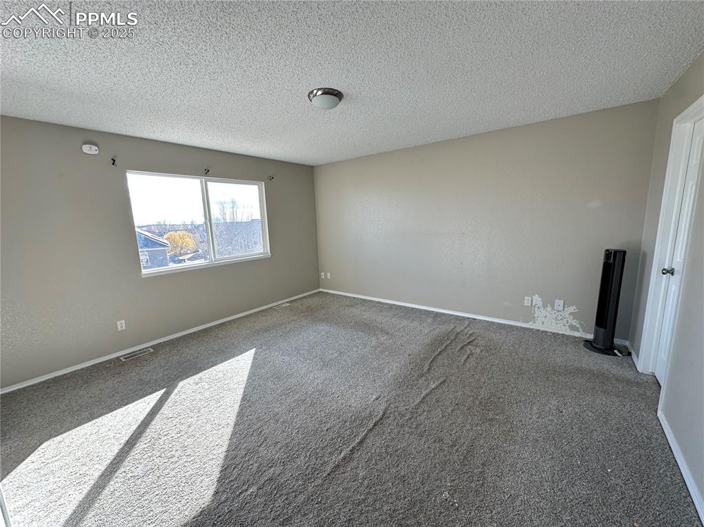 Image 13 of 16: Carpeted spare room featuring a textured ceiling and baseboards