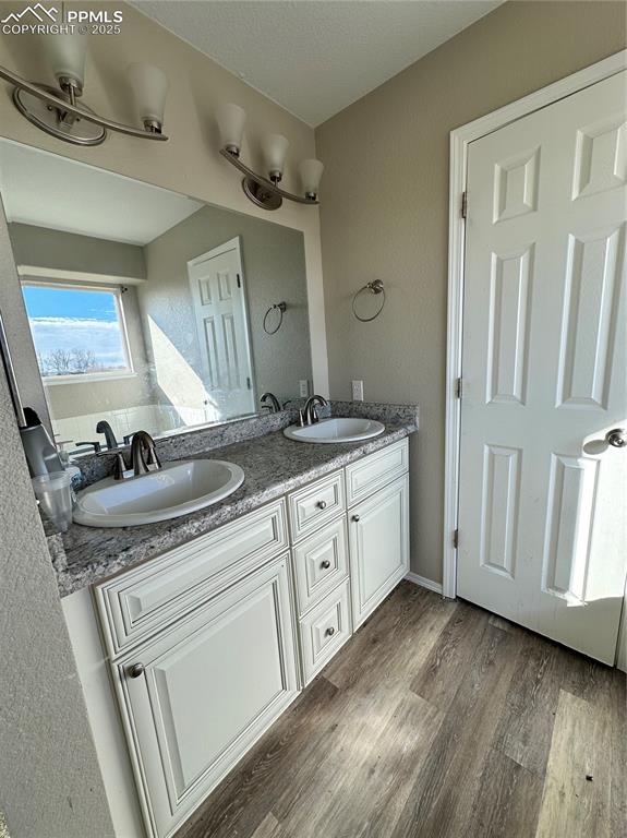 Image 14 of 16: Bathroom featuring light wood finished floors and double vanity