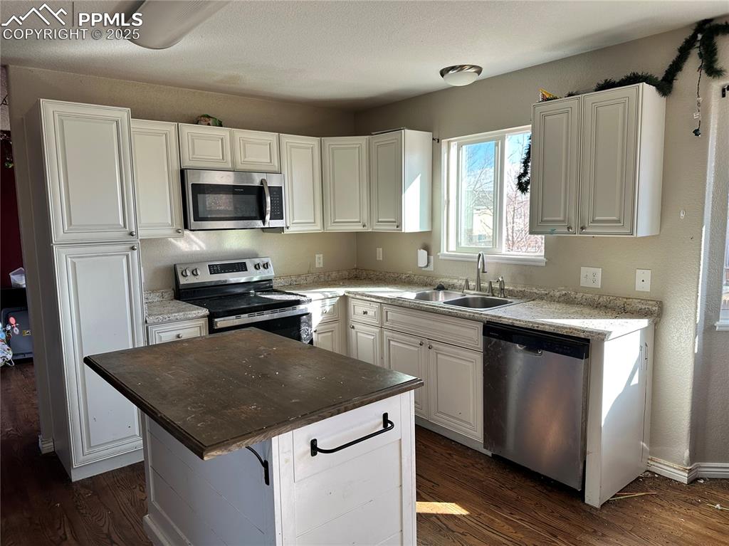 Image 3 of 16: Kitchen with appliances with stainless steel finishes, dark wood-type floor