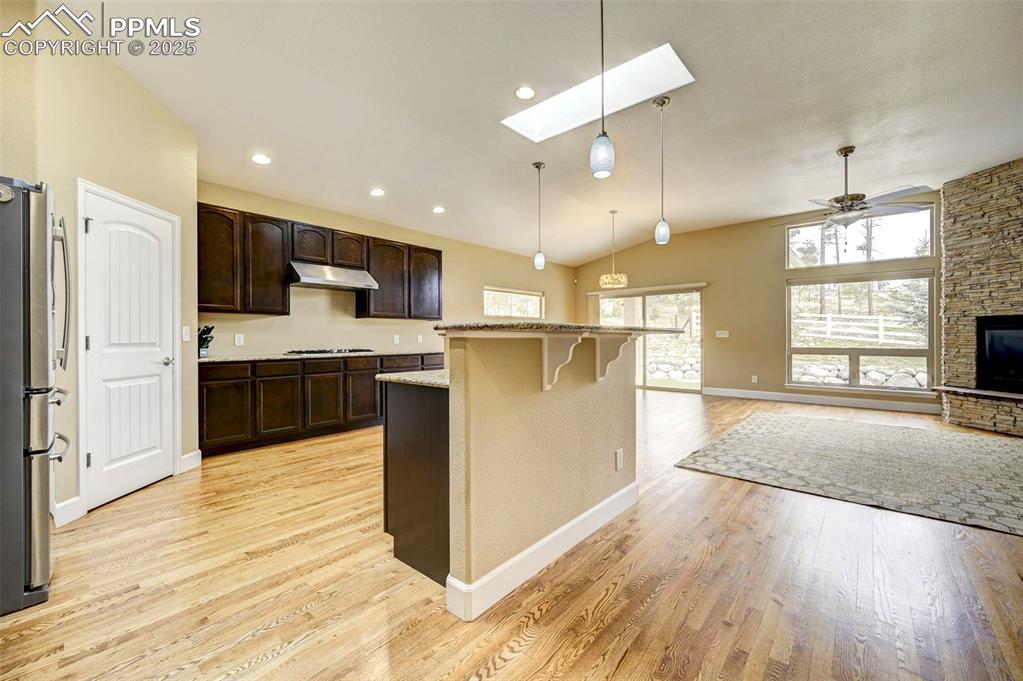 Image 10 of 30: Kitchen featuring under cabinet range hood, dark brown cabinetry, appliance