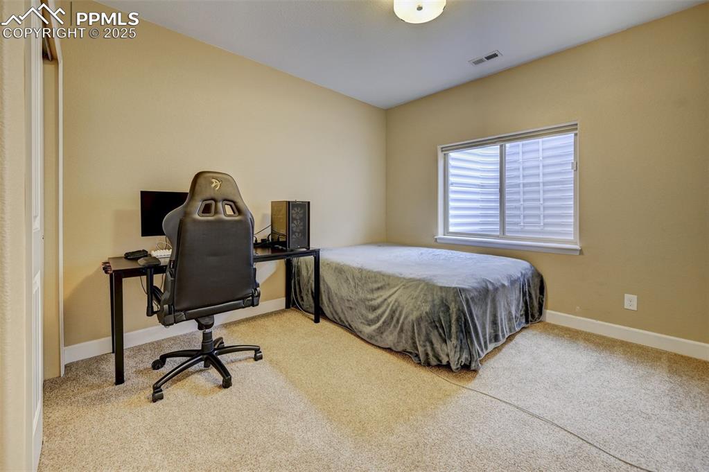 Image 25 of 30: Bedroom with baseboards, carpet flooring, and visible vents