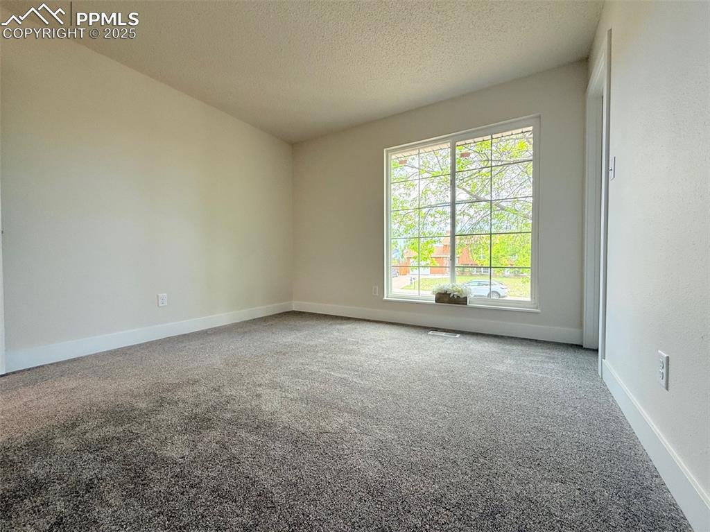 Image 29 of 50: Spare room with light carpet and a textured ceiling